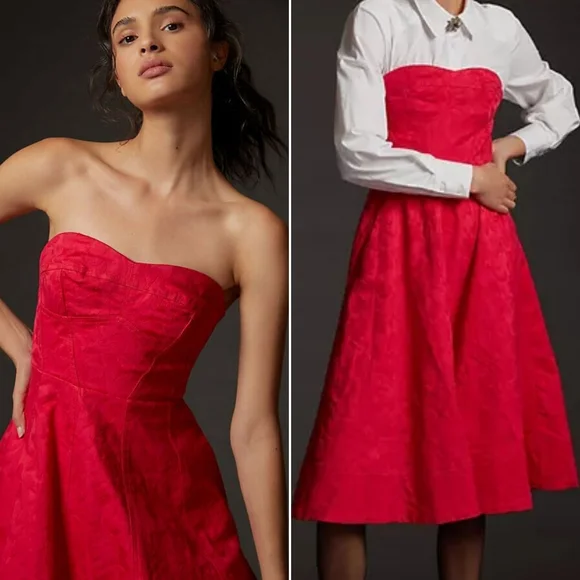 Anthropologie Red Strapless Midi Dress - Picture 2 of 6